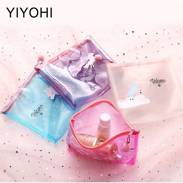 

new arrival cute unicorn transparent women cosmetic bags travel organizer necessary pvc toiletry bags makeup bag bath wash