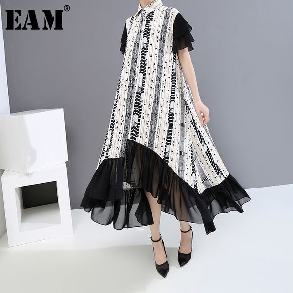 

eam] women striped chiffon ruffles big size shirt dress new lapel short sleeve loose fit fashion tide spring summer 2020 1u158, Black;gray