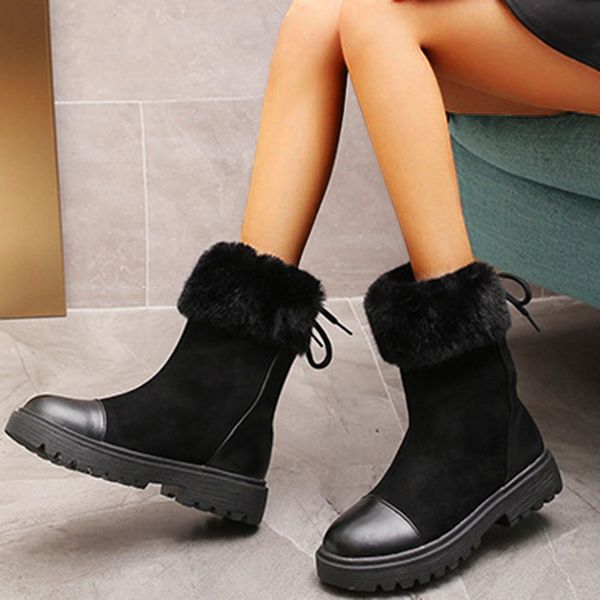 

faux fur snow booties women's fashion winter med round toe flock turn over edge snow platfroms boots feminina zapatos de mujer, Black