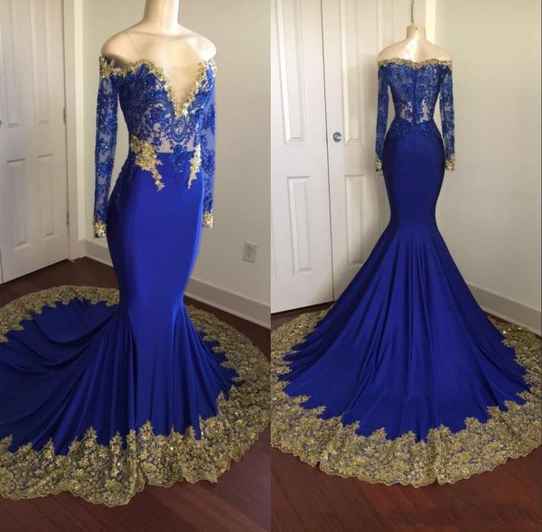 

2018 new designers royal blue prom dresses sheer lace gold appliques beading mermaid long sleeves graduation dress formal evening gowns, Black