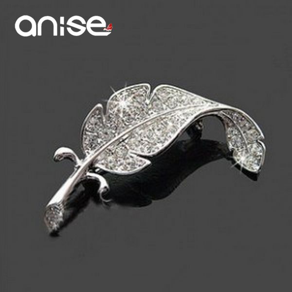 

anise luxury full crystal rhinestone leaf brooches fashion silver color feather brooch pin for women men banquet wedding jewelry, Gray