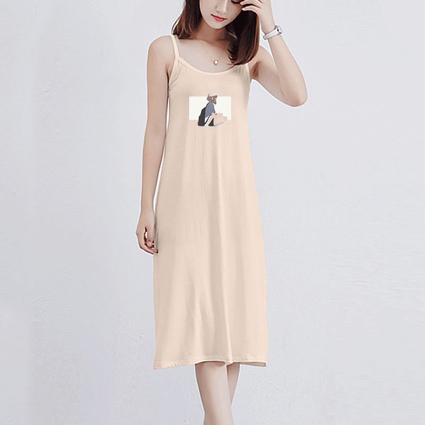 

fashion women's dress 2020 summer new breathable casual semi-long skirt trend cartoon character printed pattern suspender dress, Black;gray