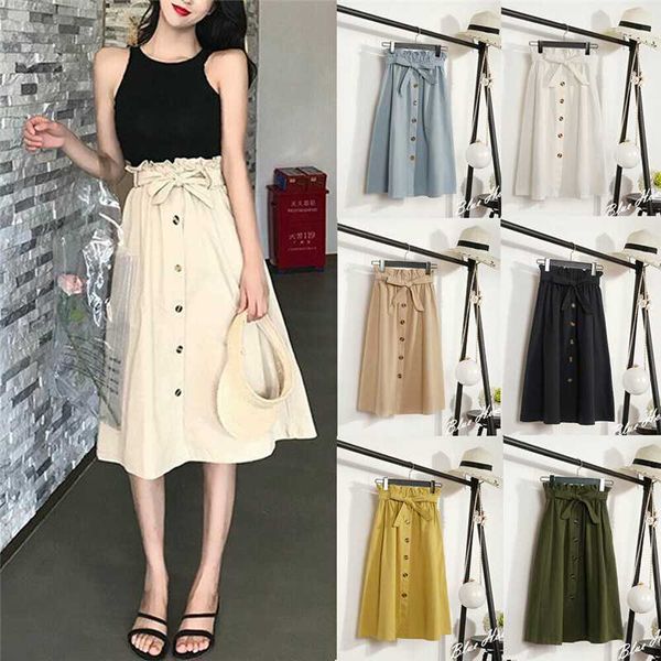 

fashion womens high waist button beach loose solid color long pencil maxi skirt casual skirt with sashes, Black