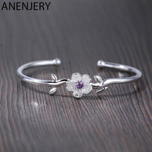 

anenjery 925 стерлингового серебра изысканный cherry blossoms браслет с розовым фиолетовый циркон для женщин партии ювелирных изделий s-b291, Black