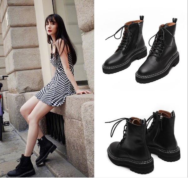 

autumn and winter new round head thick with lace-up thick bare boots short boots female leather martin boots, Black