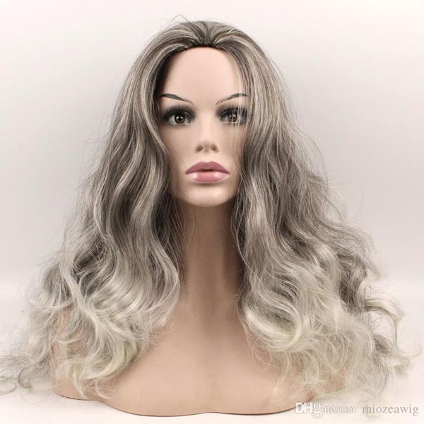 Brown Silver White Long Curly Hair Fashion Wigs Matte Realistic