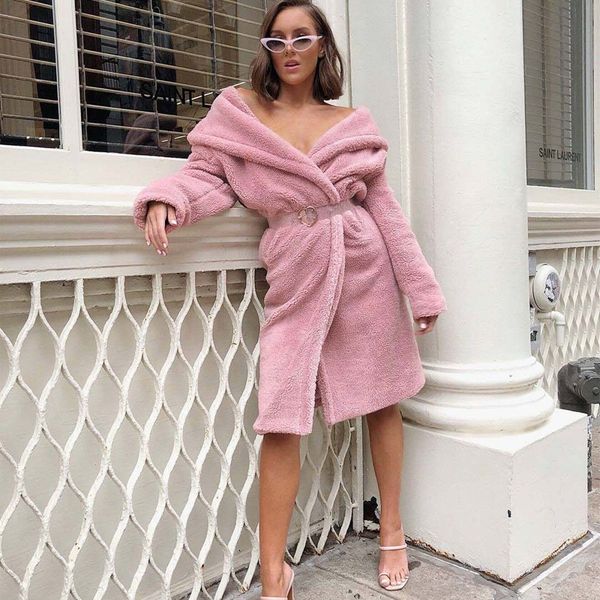 

women faux fur coat fluffy warm outwear plush turn down collar hairy women winter coat pink loose cardigan trench pure color, Black