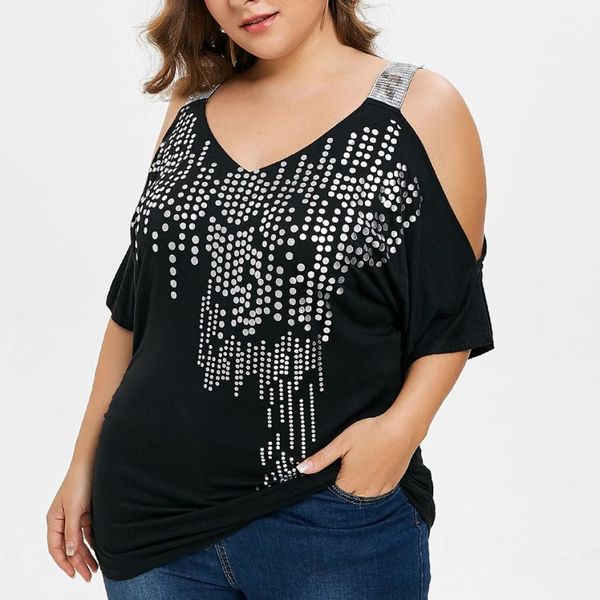 

plus size 4xl summer 2018 womens and blouses tunic sequined polka dot print cold shoulder tee shirts v neck women clothes, White