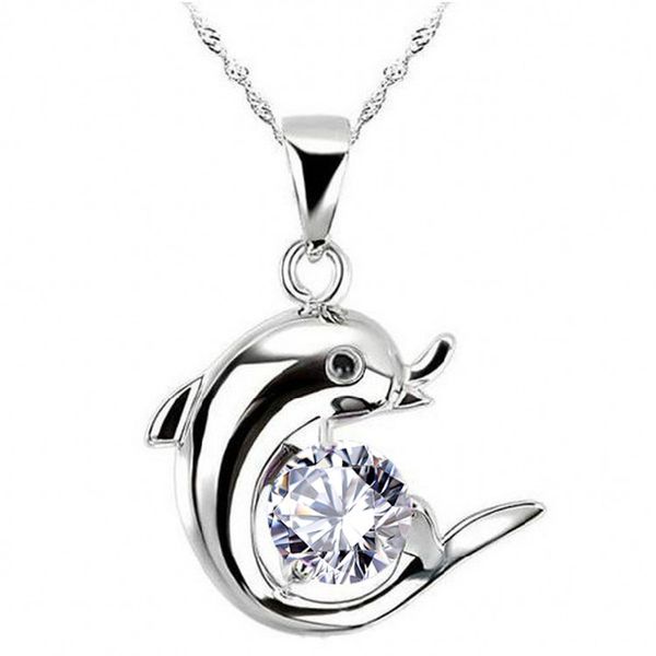 

sterling silver necklace dolphin pendant zircon diamond jewelry for women 18inches box chain with box clavicle necklace 925, Blue;slivery