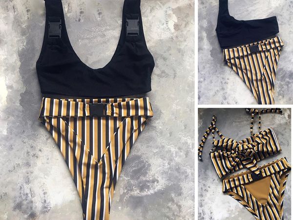 

europe and the united states striped high-waist-style bikini bathing suit women's split swimwear swimsuit ing