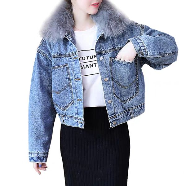 

coat woman 2019 new denim coat with thick lamb wool big hair collar cotton jacket short loose cotton garment denim trend, Black;brown