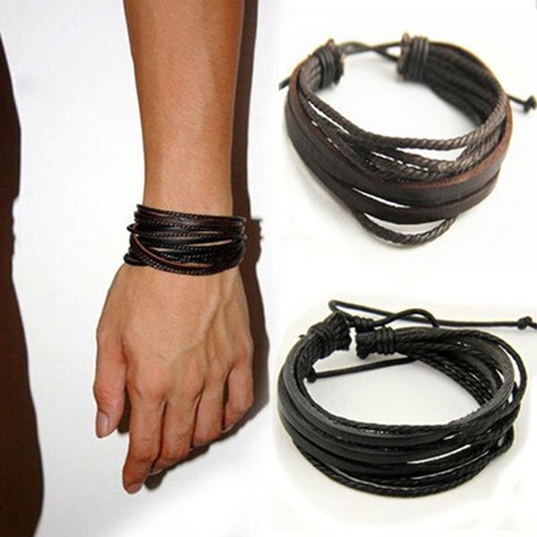 

leisure fashion men's hand-woven leather bracelet trendy multilayer rope chain men lace-up bracelet rope chain, Black