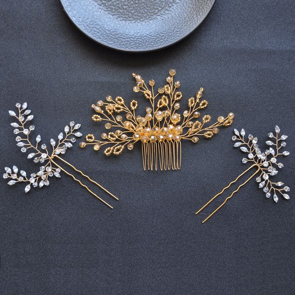 

3pcs gold color crystal hair combs and pins women bridal wedding hair jewelry accessories rhinestone elegant hair ornament, Golden;white
