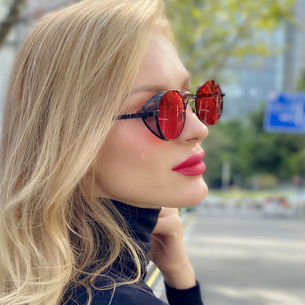 

2020 vintage round gothic steampunk sunglasses men women fashion brand designer metal wrap goggle mirror lens sun glasses uv400, White;black