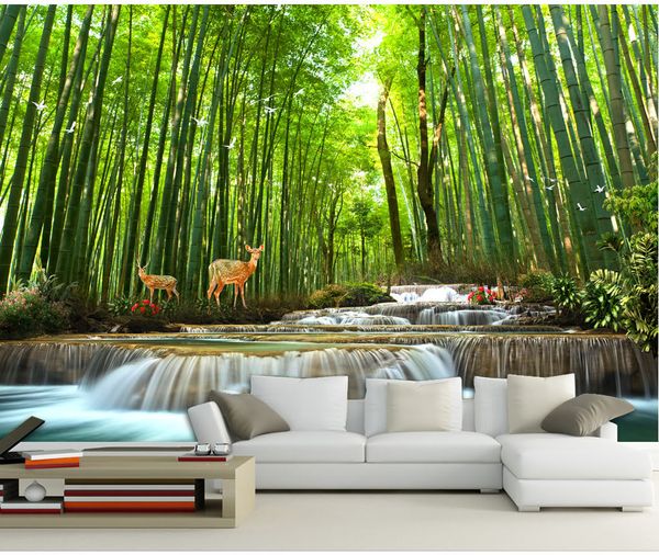 

2019 new 3d wallpaper promotion green bamboo auspicious deer graceful landscape background wall decoration wall paper
