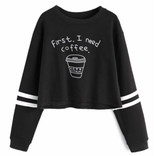 

letters short sweatshirt fashion women hoodies autumn long sleeve o neck pullovers coffee pattern casual hoodies tracksuit, Black