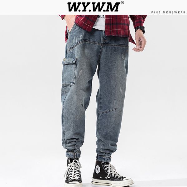 

wywm men pockets jeans harem pants oversize 2020 mens japan streetwear hip hop denim ankle-length pants male fashion blue jeans