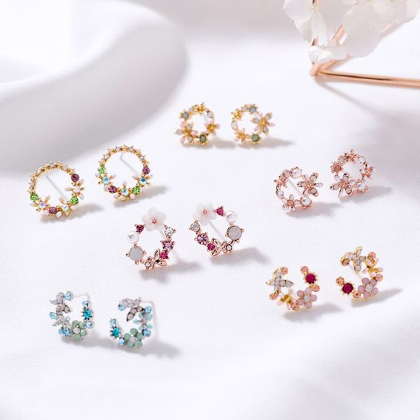 

925 silver needle sweet colorful garland ring earrings flower fresh girls colored diamond petal earrings shell earrings, Golden