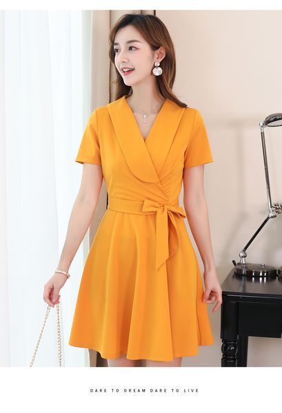 

yellow pure color skirt women fashion dress with short sleeves, Black;gray