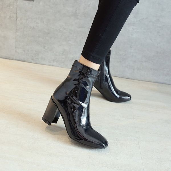 

boots oversized women shoes ankle for ladies woman winter side zipper square tip thick heel, Black
