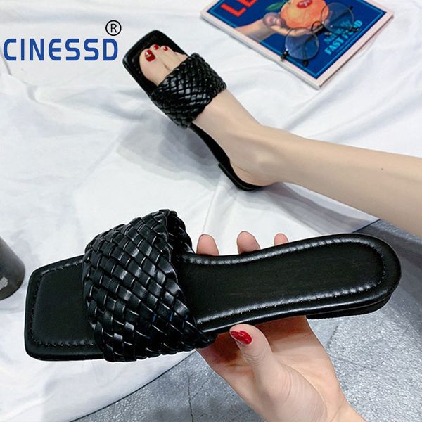 

women's flat slippers plaited fashion square toe woman shoes lattice ladies slides casual comfort open toe female mules summer, Black