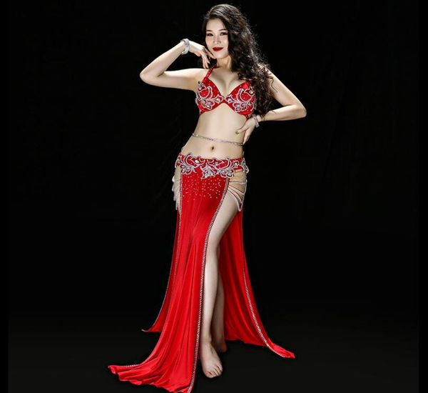

2019 new luxury women 4 piece belly dance performance costume two sides slit skirt pearl rhinestone oriental dance show wear, Black;red