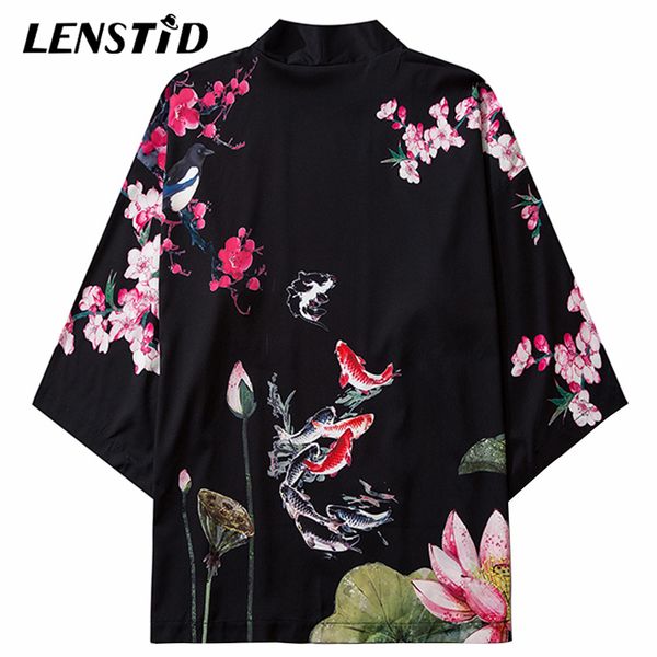 

lenstid japanese kimono cardigan jackets koi fish print harajuku streetwear hip hop 2020 summer thin gown loose men clothing, Black;brown