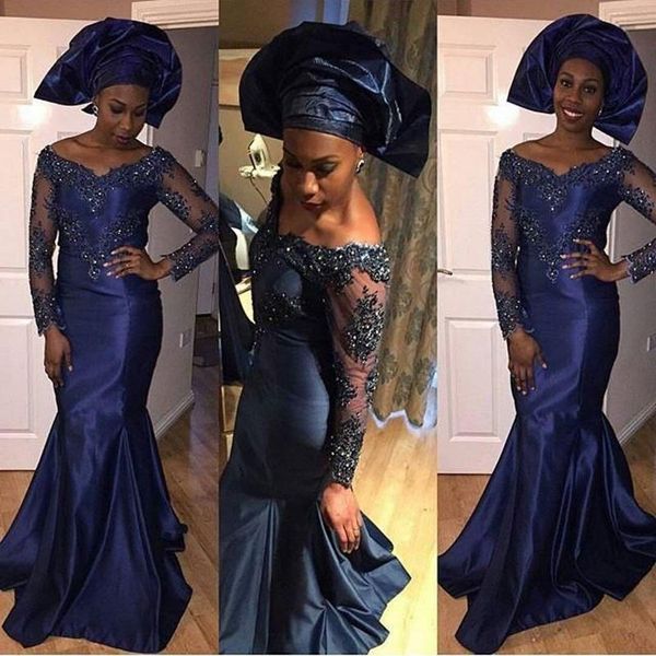 

Blue Arabic Illusion Style Long Sleeve Evening Dresses Sexy Mermaid Off Shoulder Lace Applique Pleats Sweep Train Satin Dubai New Prom Gowns