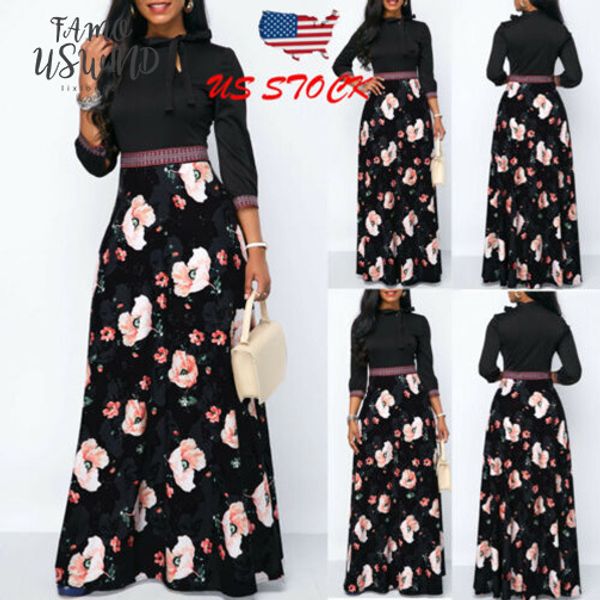 

spring elegant womenthree quarter sleeve floral turtle neck print boho high waist long maxi dress ladies casual dress, Black;gray