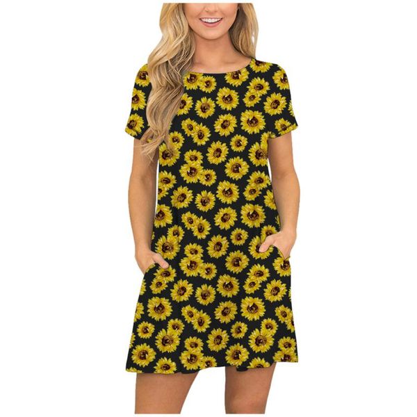 

women sunflower dress summer short sleeve floral dressfloral printed pockets sundress casual swing dress #j4s, Black;gray
