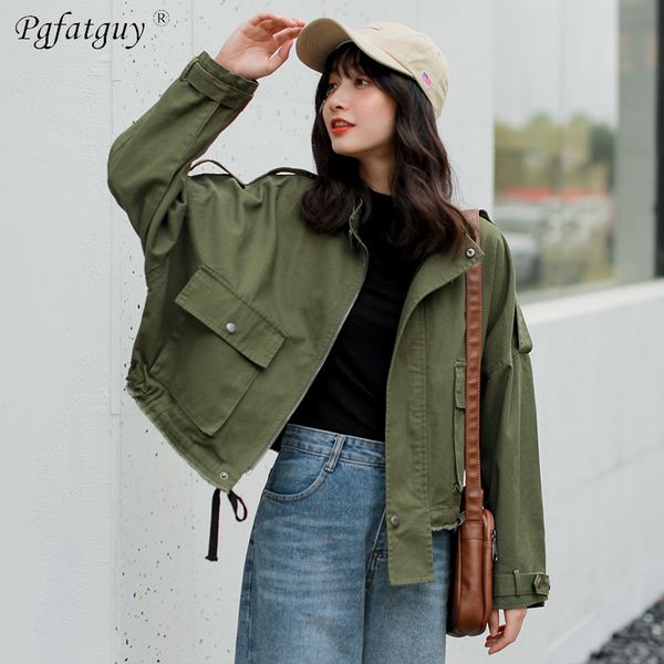 

spring women big pocket cargo denim jacket 2019 boyfriend wind jean jacket loose long sleeve female jeans coats army green beige, Black;brown