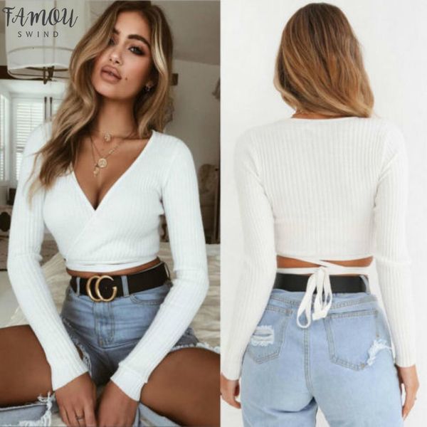 

t shirt women autumn solid deep v neck bandage crop long sleeve casual clothes plus size, White