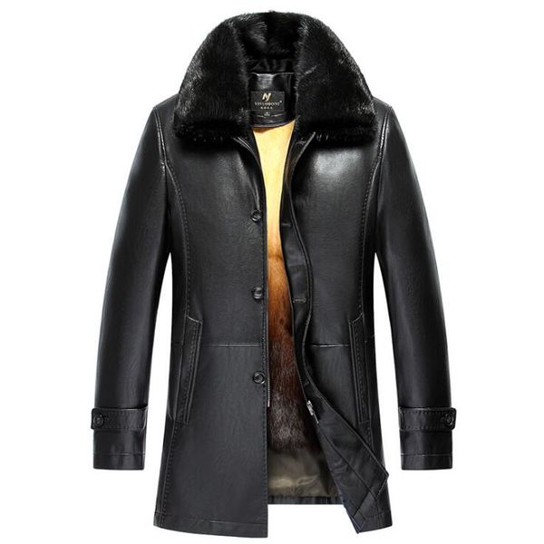 

luxury gold rex rabbit inner liner knick men's medium long mink fur collar autumn winter dad's leather coat mink rex rabbit fox ha, Black