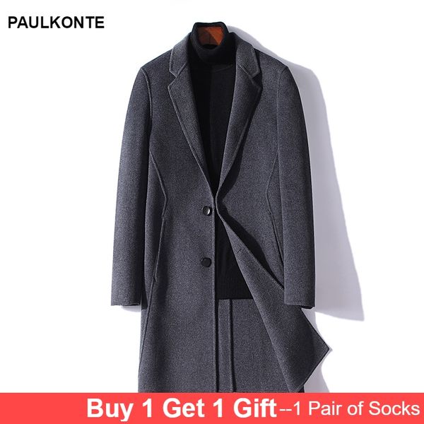 

paulkonte autumn winter men's double faced coat europe and america business casual simple solid color men's jacket, Black