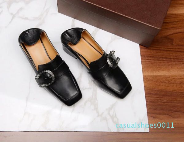 

flats casual flats black dress buckles thick heels lazy female rooming leather shoes full grain leather slip on lady footwear c11