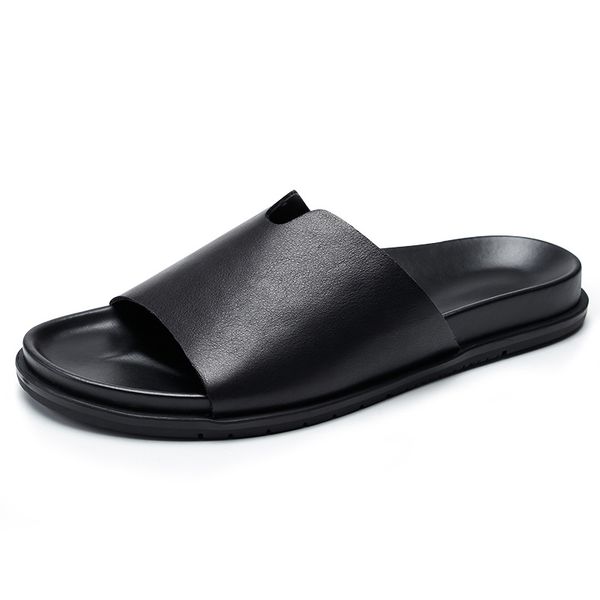 

cowhide beach slippers male summer outdoor fender summer men genuine leather slippers genuine leather all-match, Black