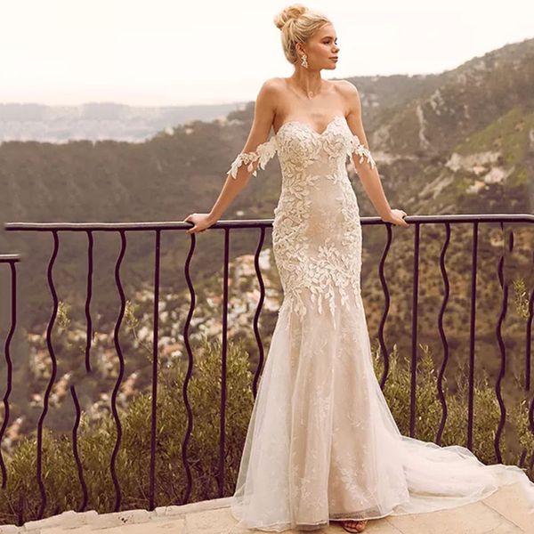 

detachable straps off shoulder wedding dress lace mermaid floral appliqued tulle trumpet bridal gowns removable strap, White