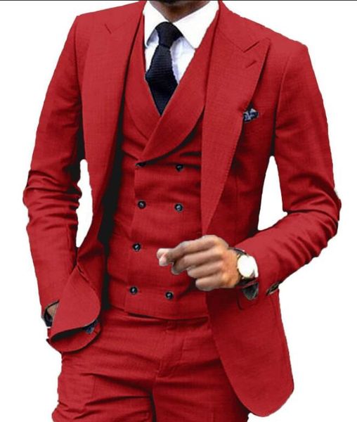 

red wedding groom tuxedos peak lapel groomsmen mens business party suits 3 piece custom made one button mens suit (jacket+pants+vest, Black;gray