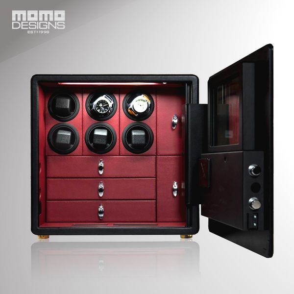

2017 new design luxury real leather lcd safe box with 6 watch winder and 3 tray for jewel storage, Black