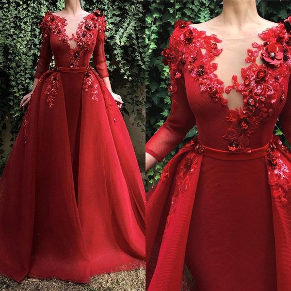 

2019 elegant long sleeve evening dresses scoop a line tulle 3d flowers floral lace prom gowns dbc2023
