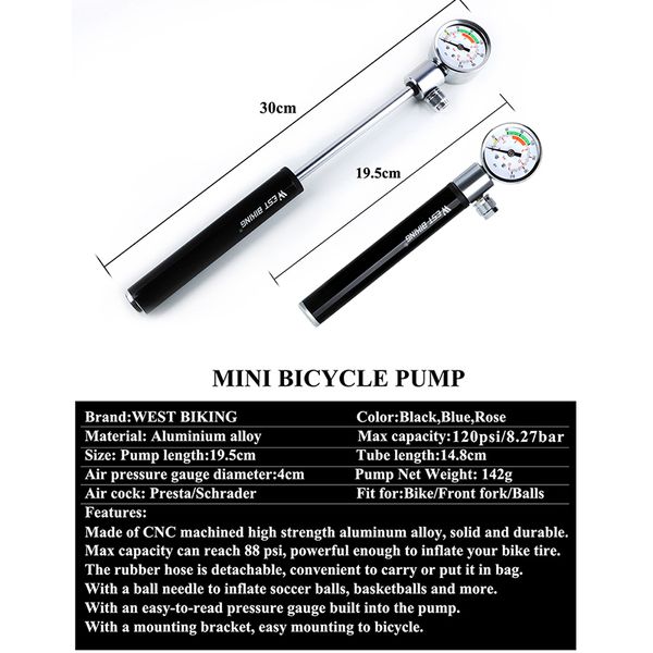 

west biking mini bicycle pump with pressure gauge 120 psi hand cycling pump presta and schrader ball road mtb tire bike pump