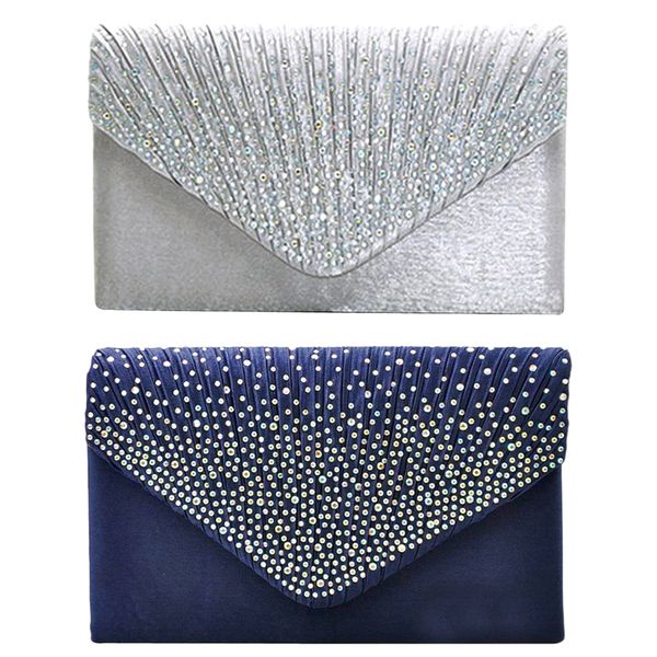 

2x women fashion envelope clutches chain handbag satin evening party banquet bag purse, deep blue+silver, Black;red