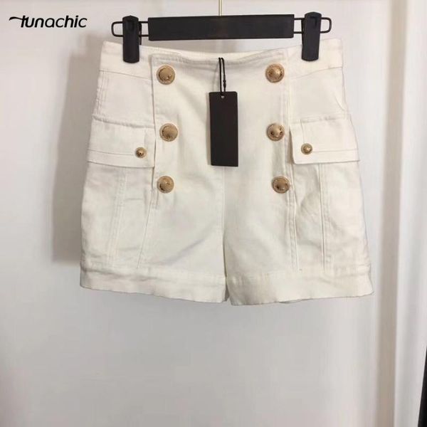 

chic 2020 runway high-quality fashion women's new double-row gold buckle side pockets high waist was thin denim shorts, White;black