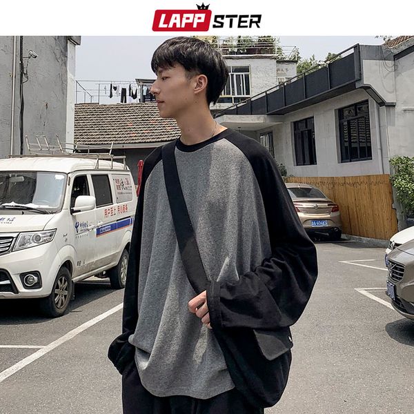 

lappster men korean fashions t shirt long sleeve 2019 autumn streetwear mens oversized patchwork tshirts couple kpop black, White;black