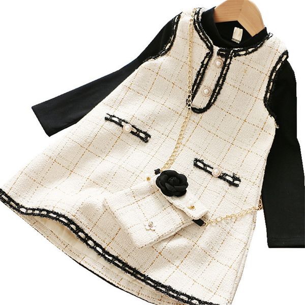 

2019 fall girl sets and vest dress and bag 3 pcs sets kids boutique outfits fashion casual plaid suits girls clothing t200413, White