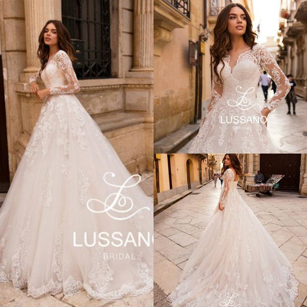 

lussano beach wedding dresses v neck a line sweep train boho wedding dress appliques long sleeve bohemian bridal gowns custom made 4520, White