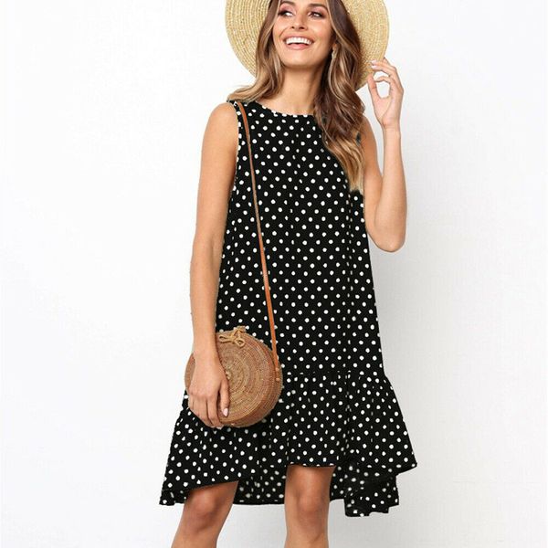 

women summer beach chiffon dress casual sleeveless polka dot dress boho mini party elegant o neck sundress vestidos, Black;gray