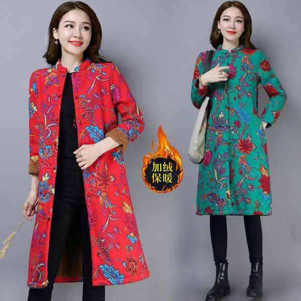 

p shoot 2019 autumn and winter plus velvet thick cotton thick pattern print retro national wind cotton-padded clothes large, Blue;black