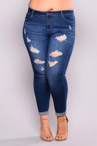 

new cotton mid elastic imitate jeans fashion hole plus size xxl-7xl women denim skinny jeggings pants, Blue