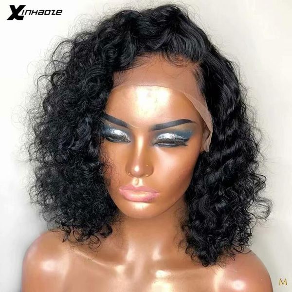 

curly short lace front human hair wigs with baby hair 13x6 brazilian remy bob wigs pre plucked natural hairline xinhaoze, Black;brown